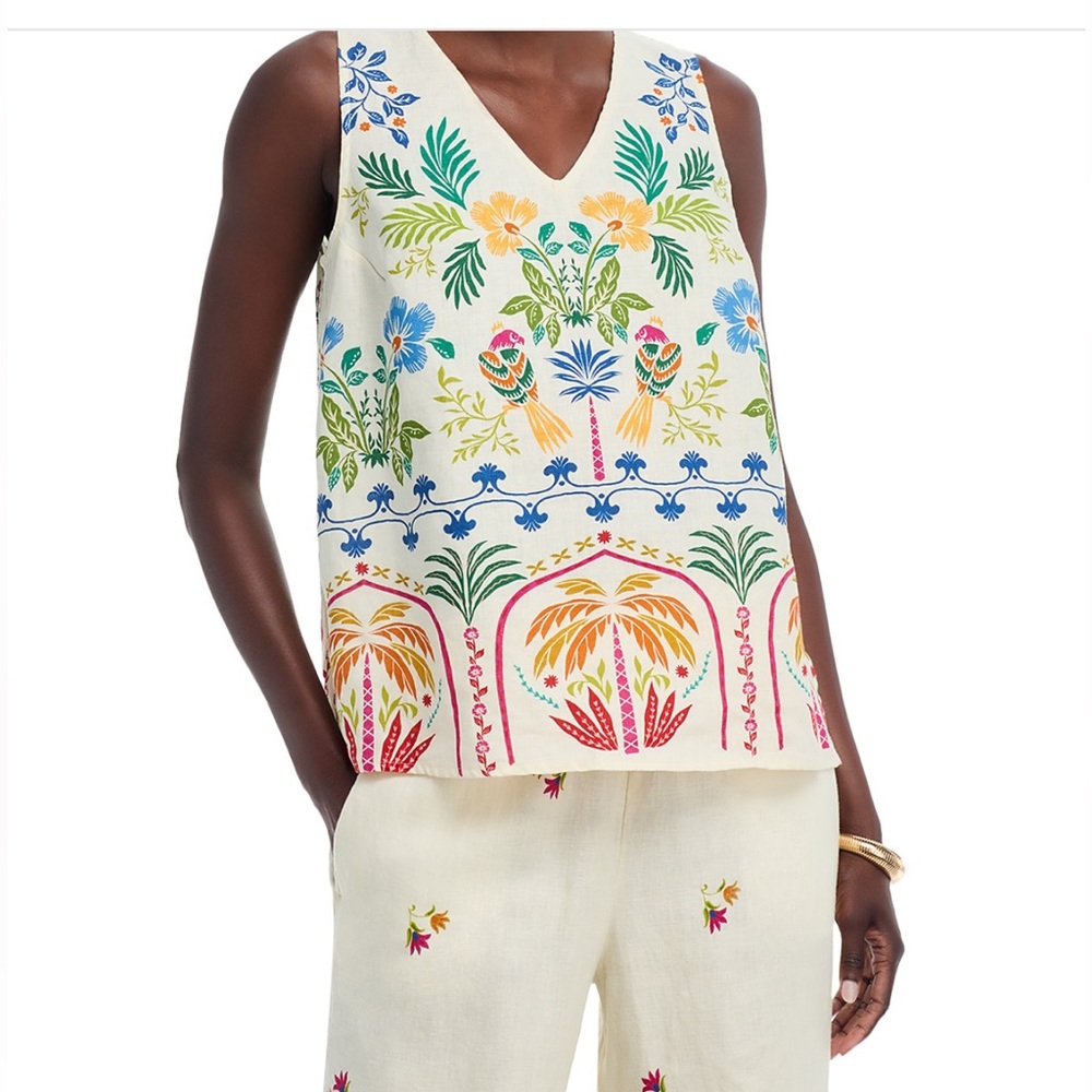 Joan Vass Multicolor Embroidered Sleeveless Top